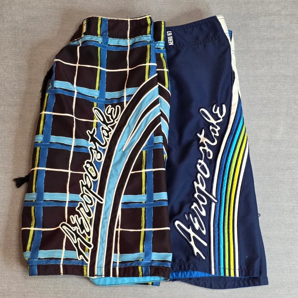 Lot of 2 Aeropostale Board Shorts Mens 32 Blue Plaid Graphic Swim Trunks Y2K